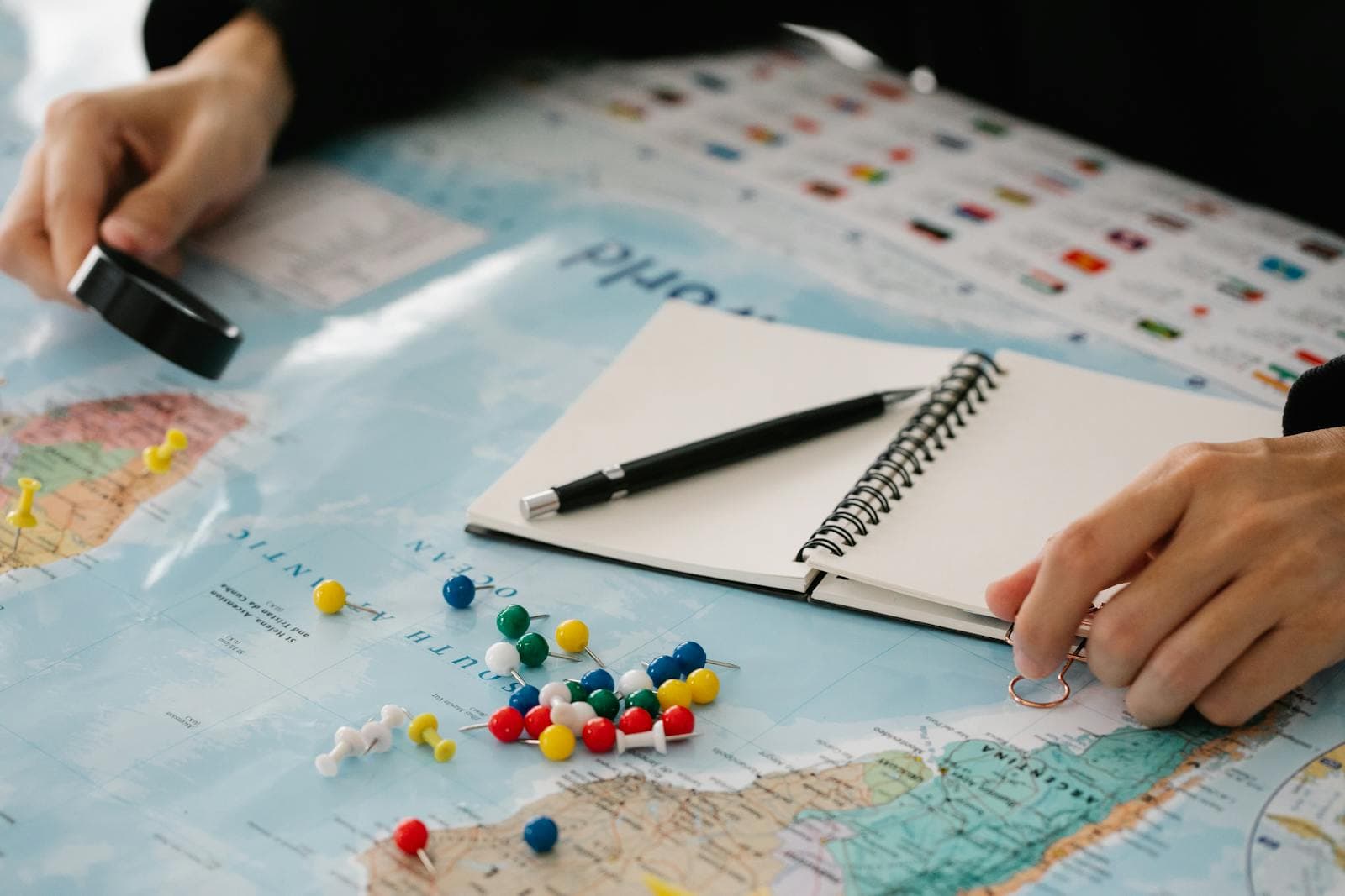 Map with colorful pins and travel notes